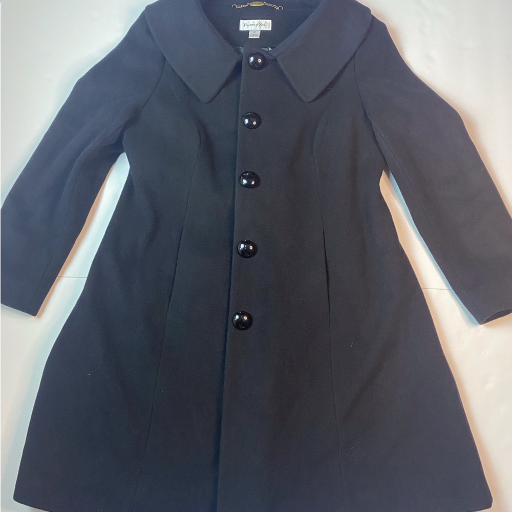 WOMEN PRESTON & YORK SZ 12 VINTAGE BLACK WOOL LONG LINED BACK BOW COAT.